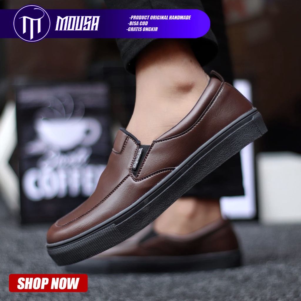 Sepatu Pria Slip On Formal Hitam Kulit Pu Slop Casual Kasual Cowok / Cowo Kerja Kantor Mousa Albd