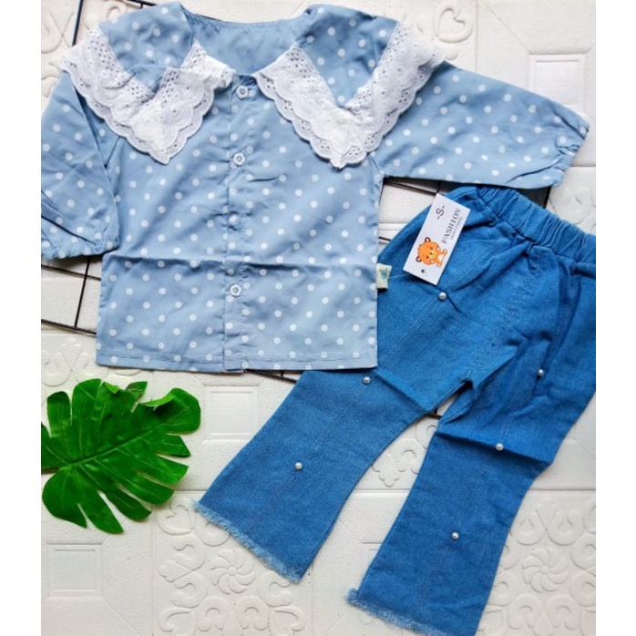 [1-5T] SETELAN BLOUSE KEMEJA CELANA JEANS ANAK PEREMPUAN IMPORT 1-5 TAHUN LENGAN PANJANG BLOUSE REMPEL POLKADOT / SETELAN ANAK CEWEK IMPORT CELANA JEANS PANJANG BLOUSE POLKADOT