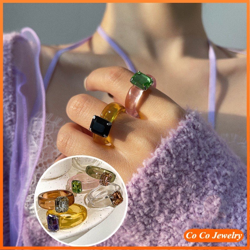 Cincin Jari Telunjuk 17 Gaya Bahan Resin Akrilik Transparan Hias Berlian Macaron