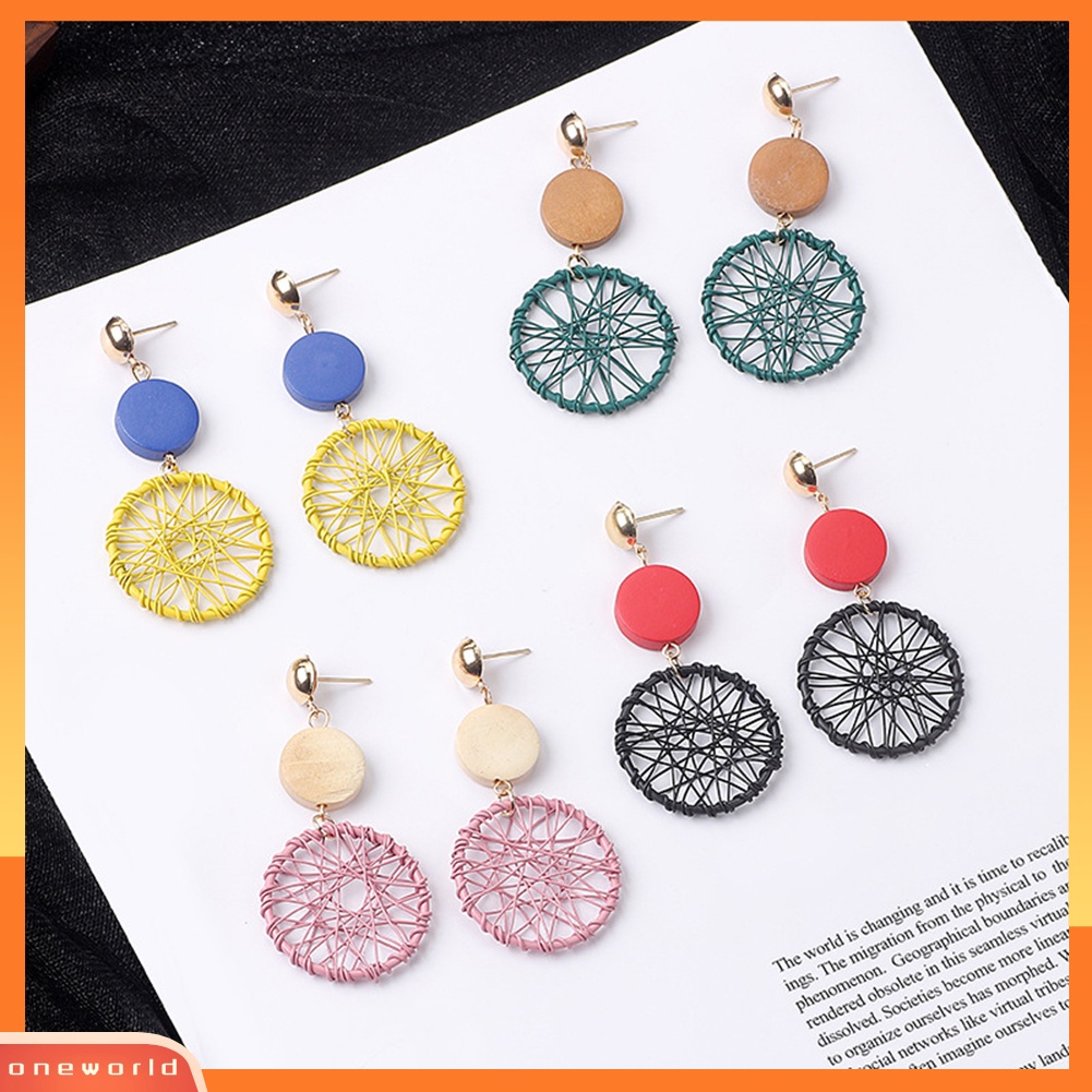 [WONE] Vintage Wanita Kayu Bulat Dreamcatcher Statement Stud Earrings Perhiasan Hadiah