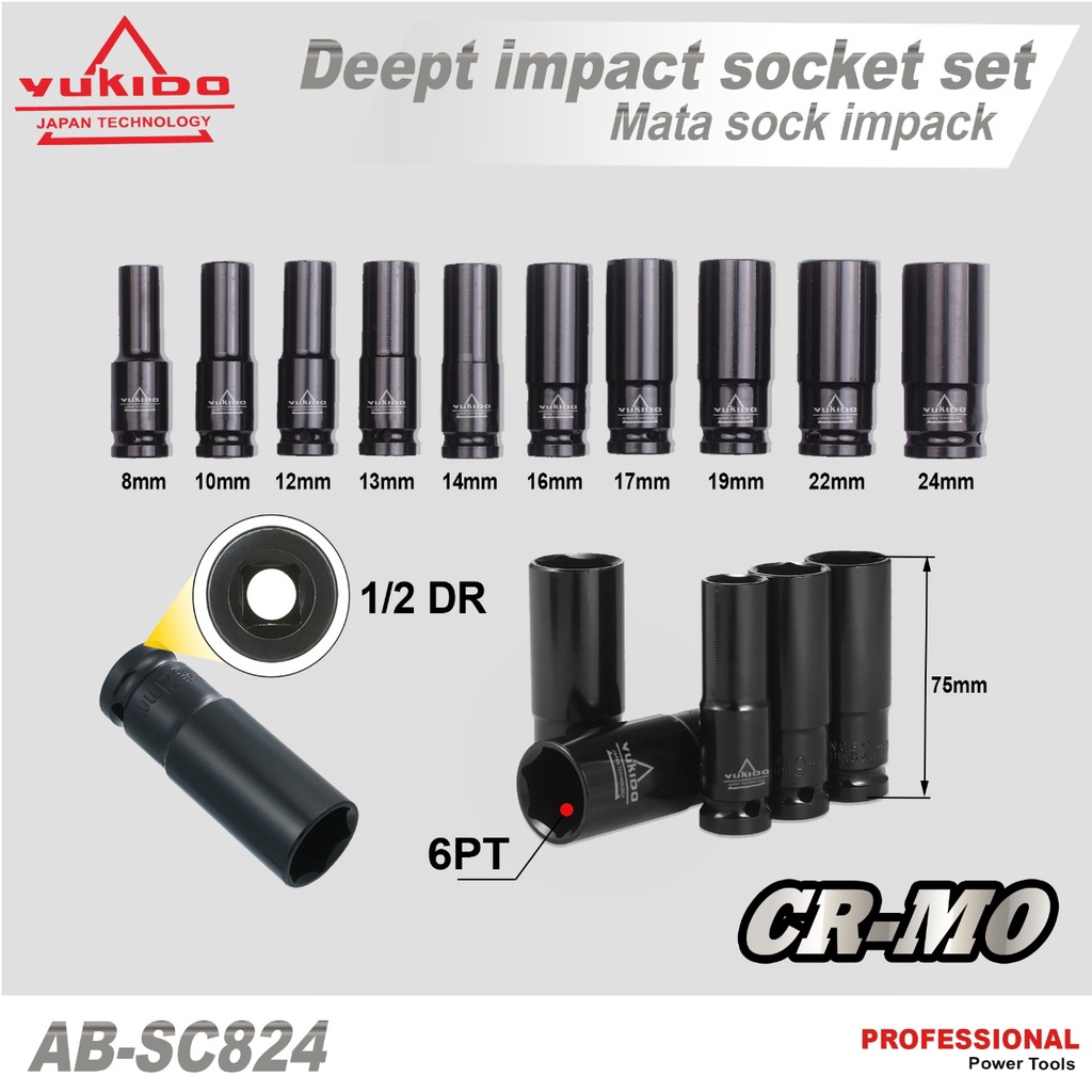 yukido Mata Socket Drive Impact Extension Deep Impact Socket Set 10Pcs 1/2 Inch 8mm - 24mm