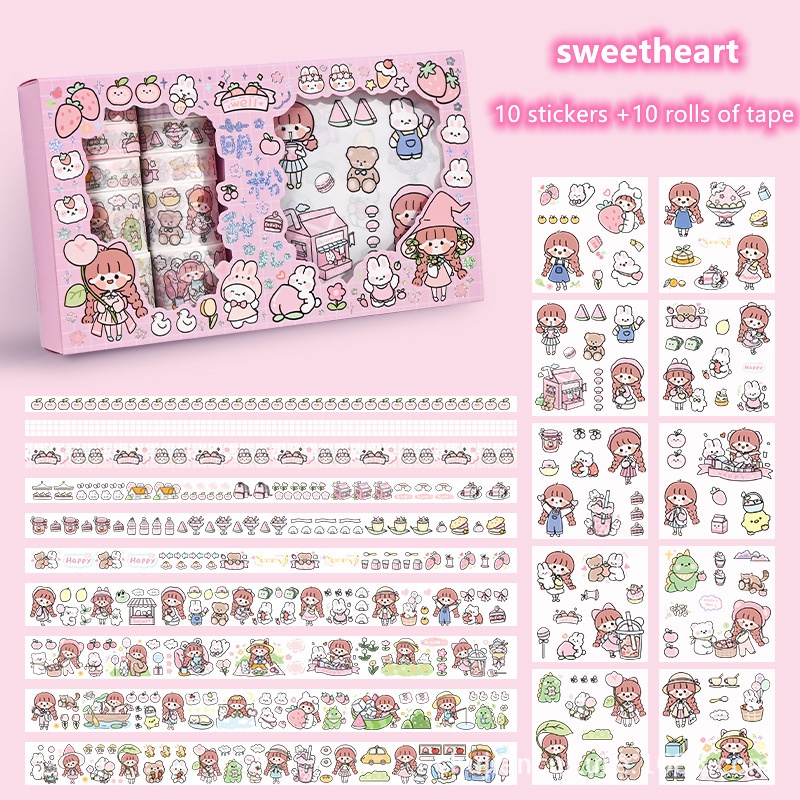 10 Stiker + 10 Gulungan Pita Stiker 10/20 Gulungan Pita Rekening Buatan Tangan Stiker Kartun Set Album Dekorasi Buku Harian 50 Lembar Stiker Rekening Buatan Tangan Bahan Alat Tulis DIY Gratis