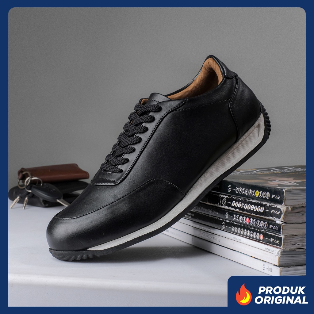 FASTER BLACK ORIGINAL x REYL MAN Sepatu Sneakers Hitam Putih Pria Kets Tali Casual Jalan Santai Main Nongkrong OOTD Distro Kondangan Undangan Sekolah Kuliah Kerja Fashion Sport Footwear Semi Kulit Premium Big Size Ukuran Jumbo 44 Keren Terbaru Branded Ori