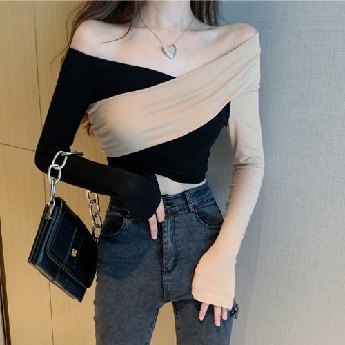 ☈┋Suhao keinginan murni hot girl one-shoulder bottoming kemeja musim dingin wanita pakaian dalam chic top in rasa desain ceruk pinggang T-shirt pendek