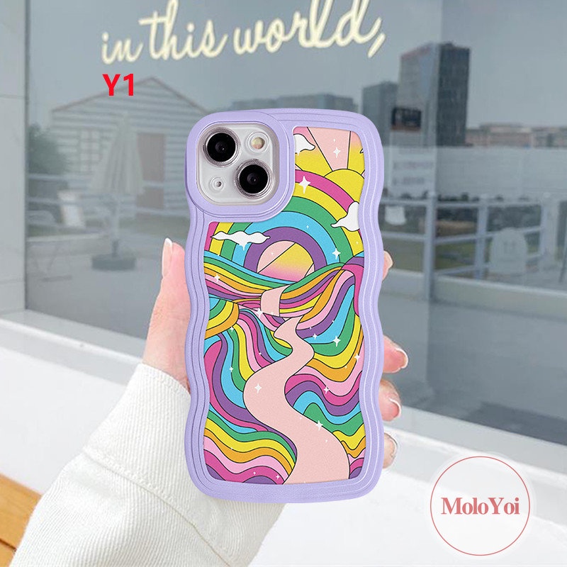 IPHONE Casing Case Compatible Untuk Iphone6 6s 78 Plus 11 13 12 14 Pro Max XR X XS Max14 Plus 7Plus 8Plus SE 2020 Wavy Edge Casetify Warna Warni Rainbow Smile Wish You a Happy Label Soft TPU Cover