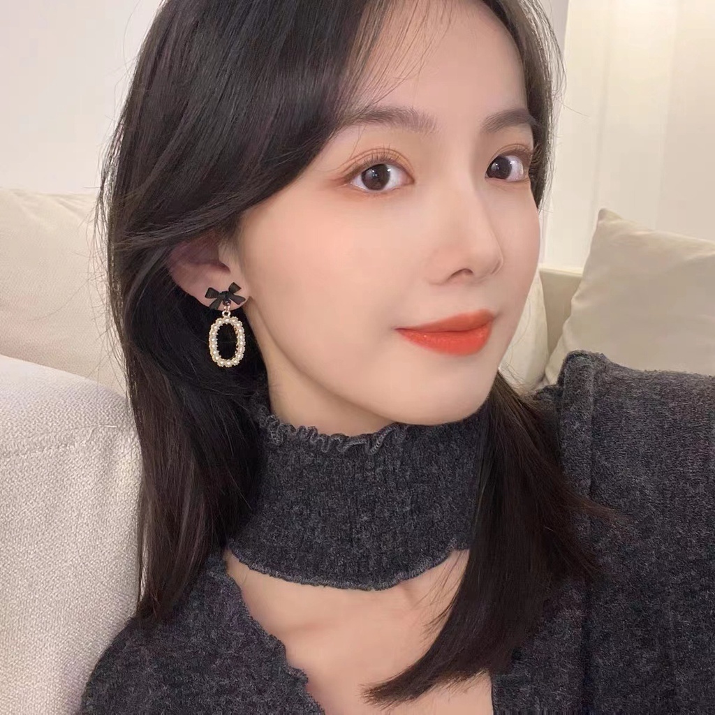 AY(CN) Fashion Anting Busur Hitam Anting Tusuk Mutiara Emas Drop Earring Untuk Aksesoris Perhiasan Wanita