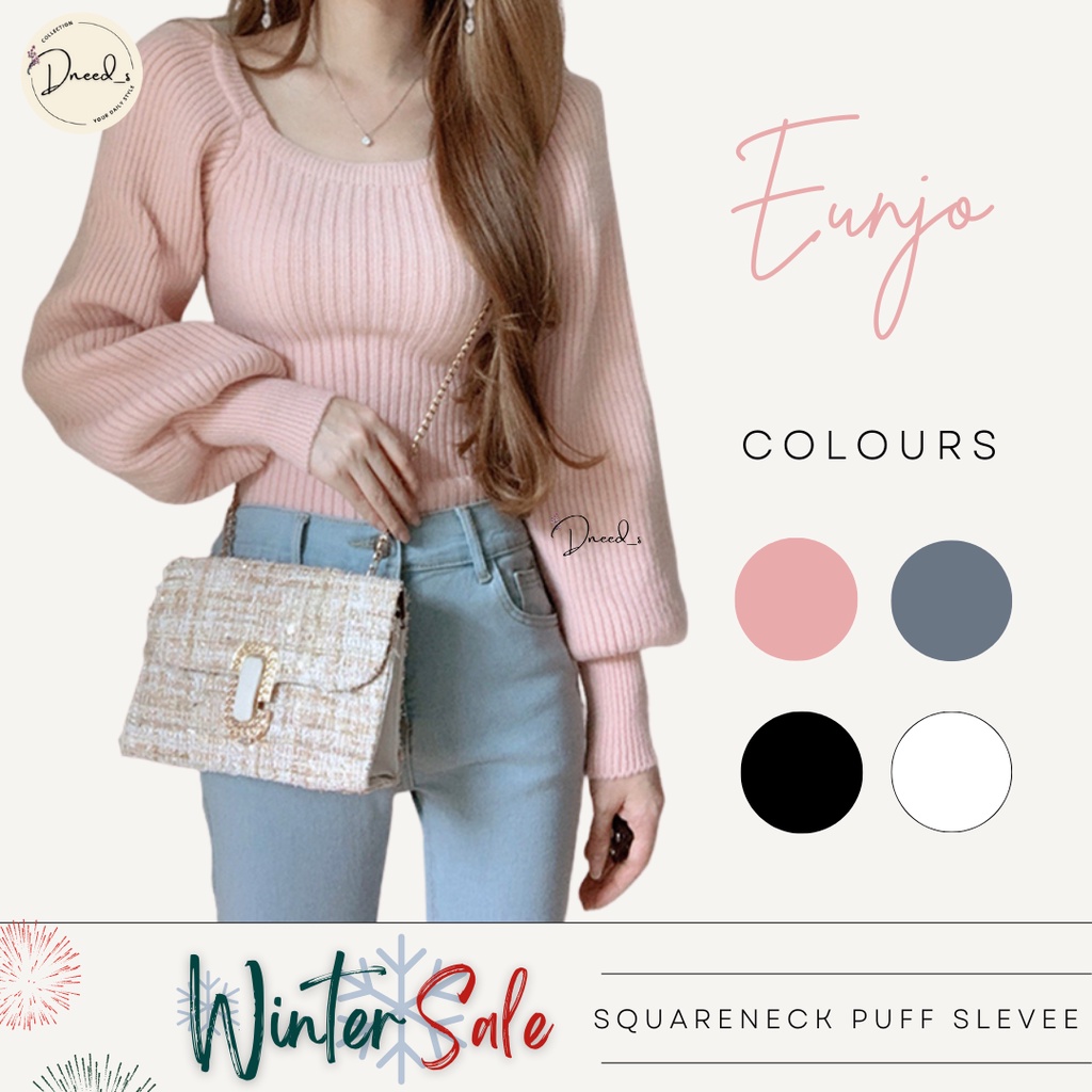 Dneeds - Eunjo Korean Square Neck Puff Sleeve Sweater