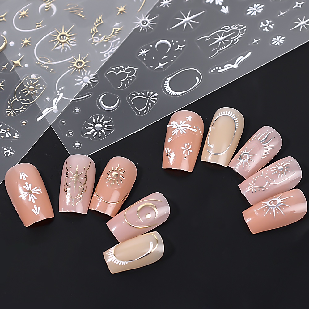 Laser Emas Perak Bintang Bulan Stiker Kuku Timbul Geometris Bronzing Jantung Perekat Kuku Decals DIY Manicure Art Aksesoris