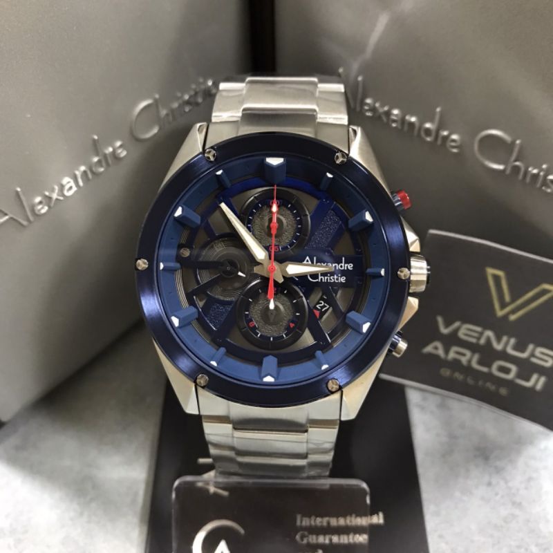 Jam Alexandre Christie AC 6620 MC BTU Pria Rantai Silver Ring Biru Bulat