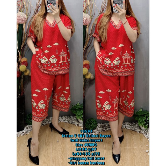 Baju Tidur Sincia/imlek HK 16562 Stelan V CNY Kelinci Rayon Twill Halus Import  Size JUMBO