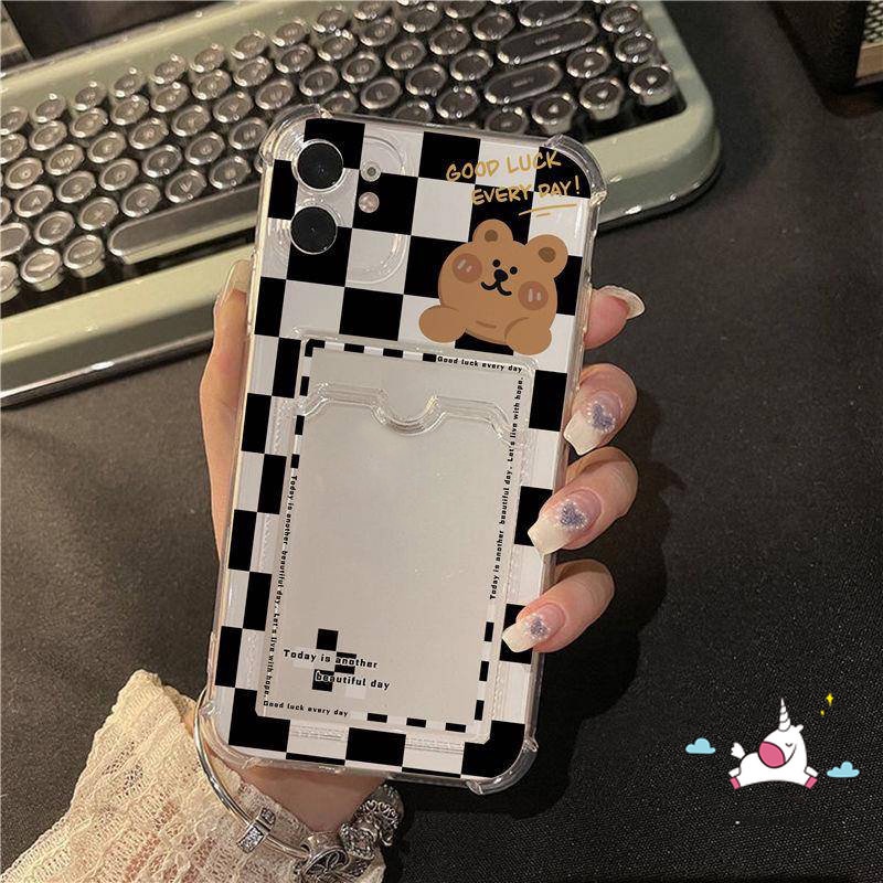 IPHONE Casing Ponsel Kompatibel Untuk Iphone14 11 13 12 Pro Max7 8 6 6s Plus XR X XS Max Se2020Motif Kartun Lucu Beruang Kotak-Kotak Transparan Lembut Dompet Slot Kartu Holder Cover