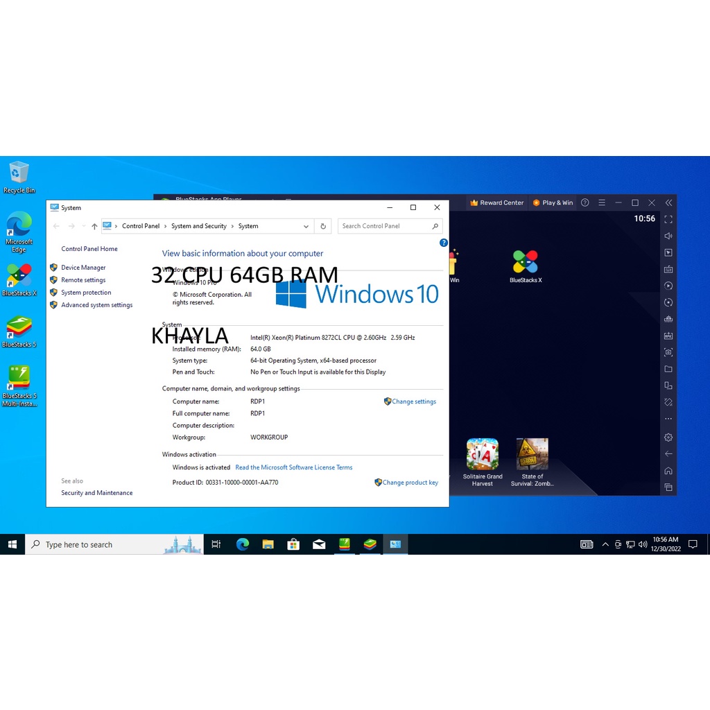 RDP Support,OBS,Emulator,Bot Windows,Linux,dll  Spek 32 CPU 64GB RAM