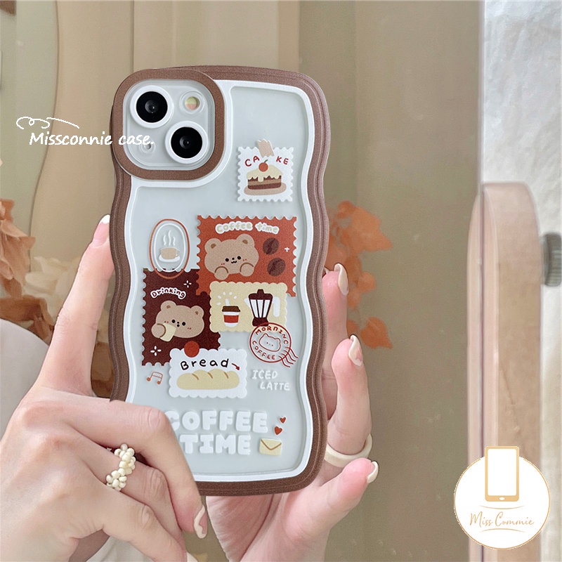 IPHONE Case Kompatibel Untuk Iphone7 8 6 6s Plus 11 12 13 14 Pro MAX XR 14 Plus X XS MAX SE 2020kartun Lucu Retro Vintage Coffee Bear Wavy Edge Shockproof Soft TPU Back Cover