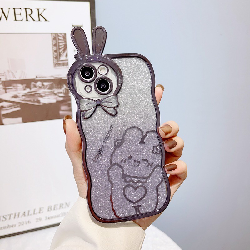 Cute Rabbit Glittering Big Wave Design Electroplating Soft Silicone Bunny Case hp for iPhone 14 Plus Casing IPhone 11 12 13 14 Pro Max Women's Girls Gifts Bumper Cover