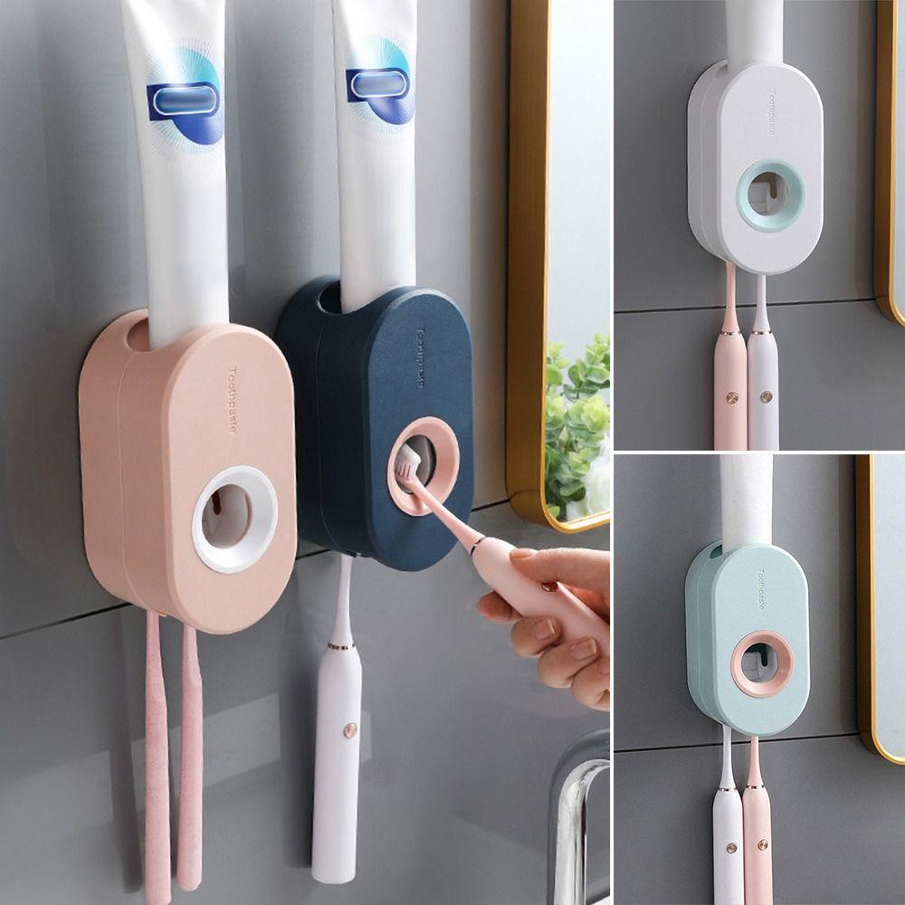 Solighter Tempat Sikat Gigi Set Toilet Pemeras Otomatis Tahan Debu Rolling Wall Mount Stand