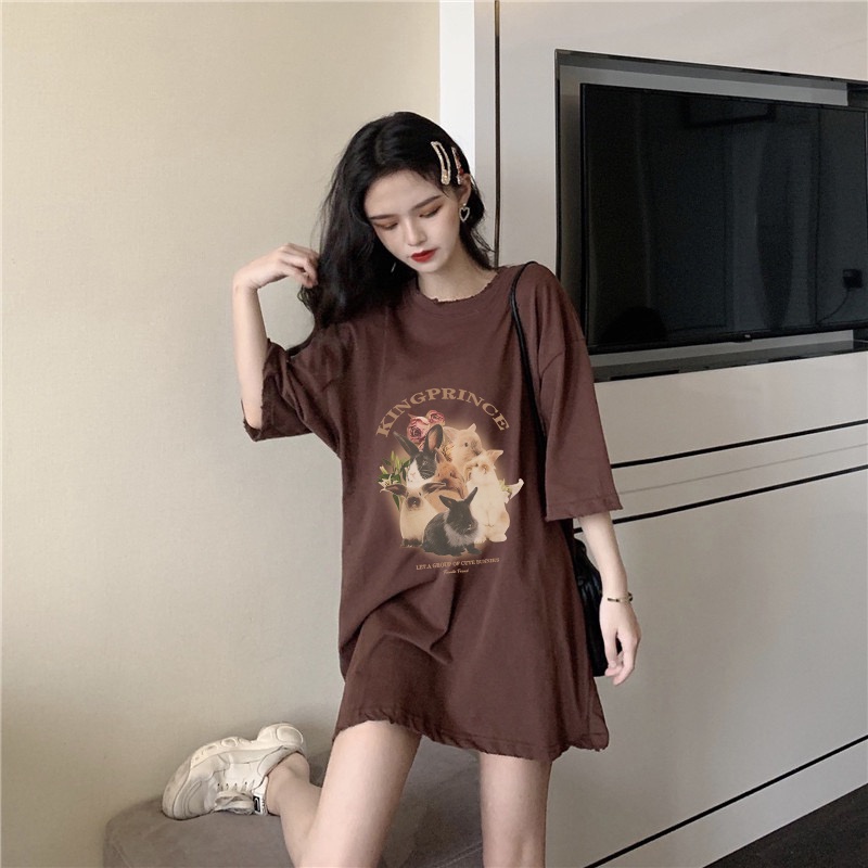 [chaoo.id]Rabbit Kaos Lengan Pendek Cream Atasan Wanita Oversize Printed T-shirt Kekinian Korean Style/atasan wanita import