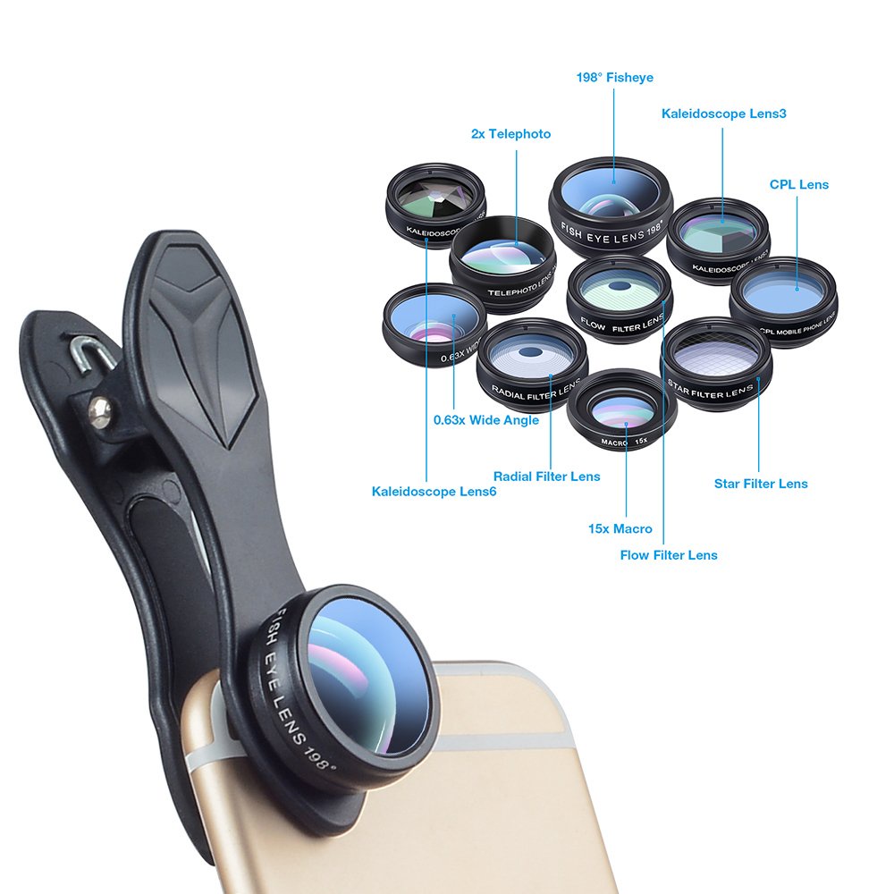 APEXEL 10 in 1 Lensa Fisheye + Macro + Wide Angle + Telephoto + Kaleidoscope + Filter Lens Kit - APL-DG10