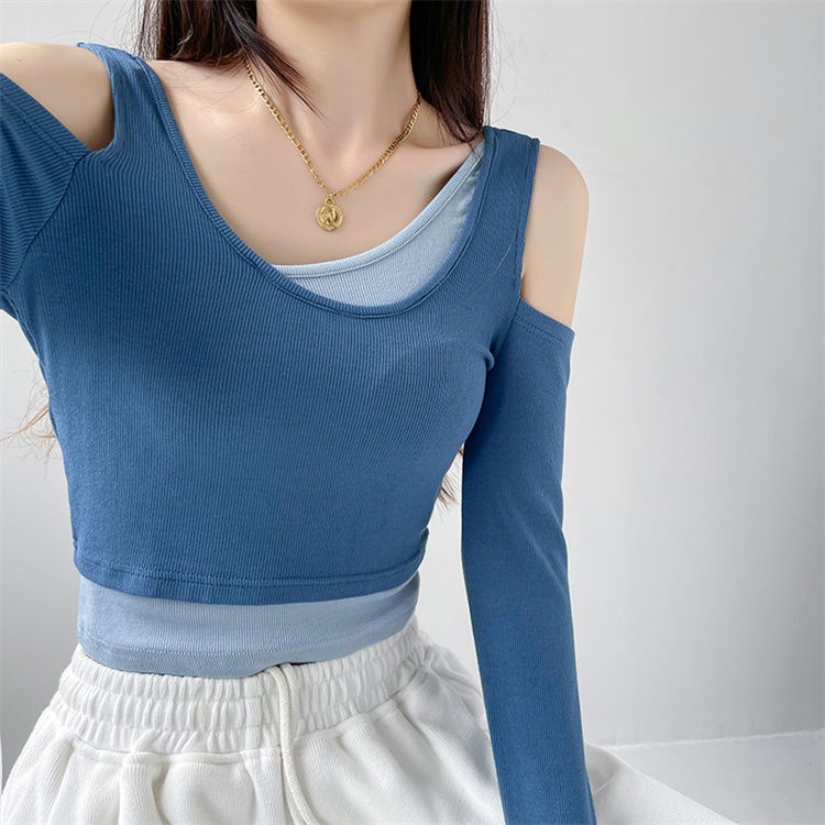 ♚۩Suhao Eropa dan Amerika berlapis off-the-shoulder palsu dua potong lengan panjang t-shirt wanita musim semi dan musim gugur rasa desain pendek kelompok wanita menari jazz ins top