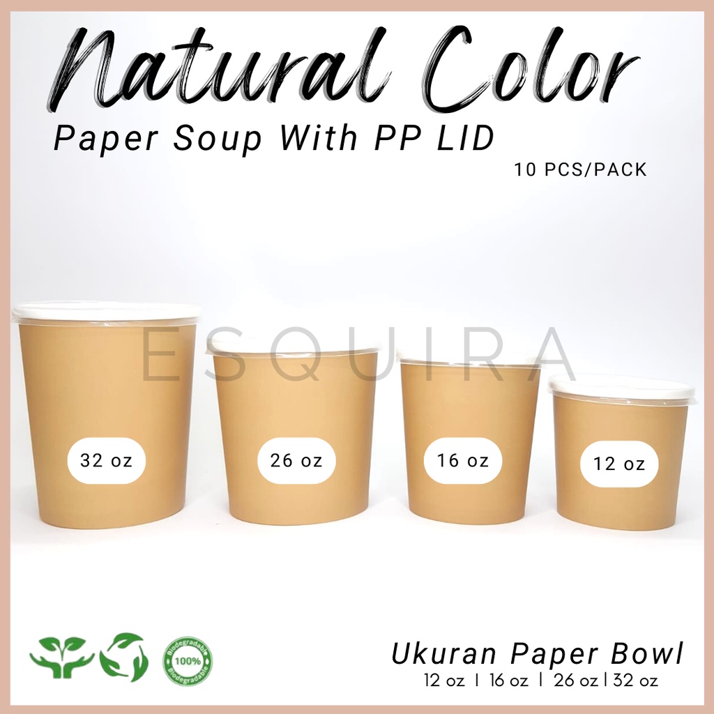 Natural Color Paper Cup Soup / Kraft Cup + PP Lid 10 pcs