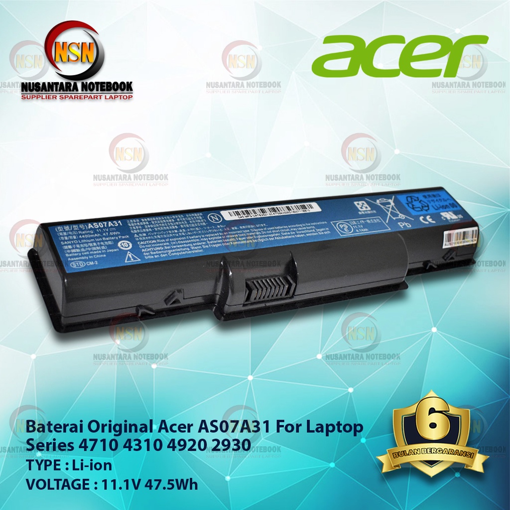 Baterai Original Acer AS07A31 For Laptop Series 4710 4310 4920 2930