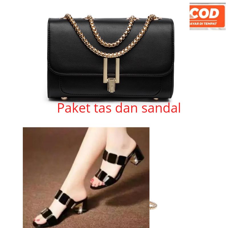 paket 1 stel tas dan sandal wanita terbaru hak 5cm