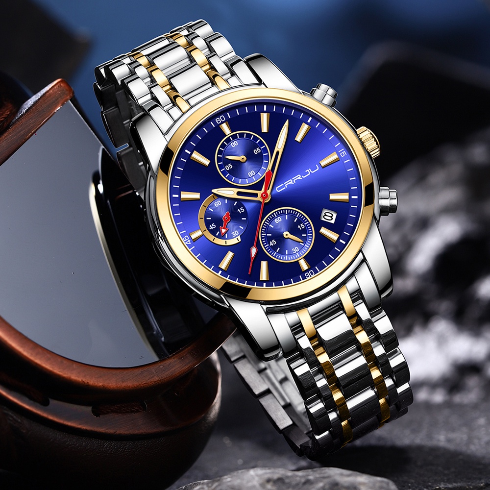 Jam Tangan Pria CRRJU Jam Tangan Olahraga Tahan Air Chronograph Jam Kuarsa Stainless Steel Fashion Luminous Men's Watch