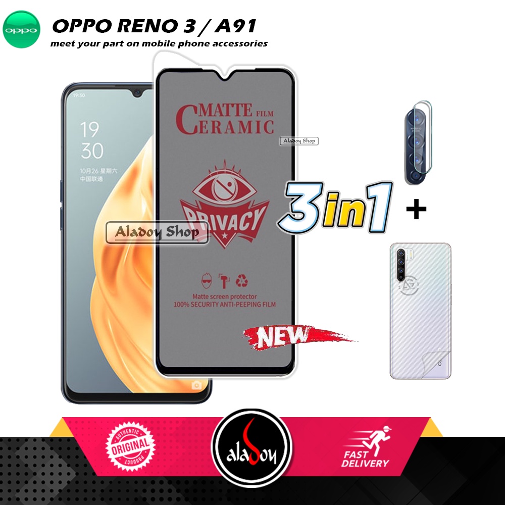 Tempered Glass Anti SPY Oppo Reno 3/A91 Anti Gores Privacy + Tempered Glass kamera dan Skin Carbon