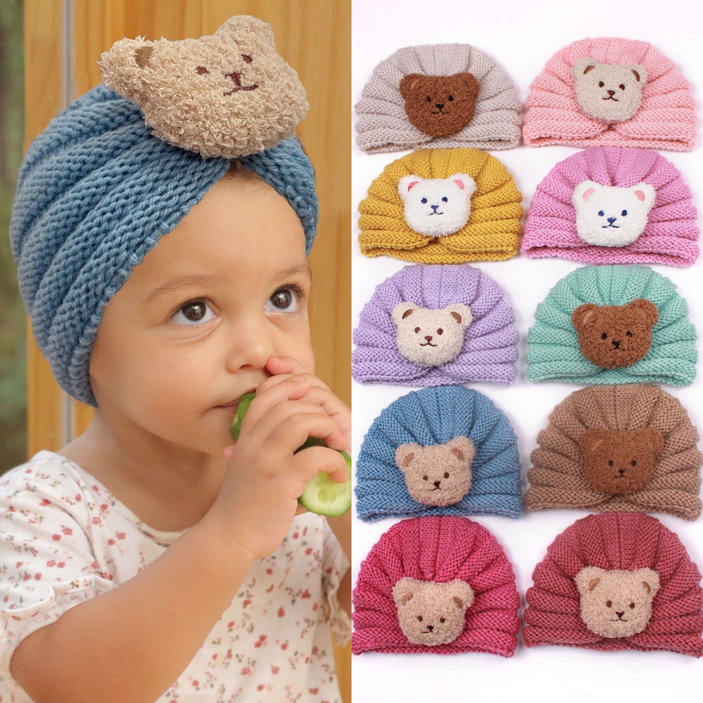 T200 NEW Turban topi bayi dan anak / topi rajut motif boneka beruang