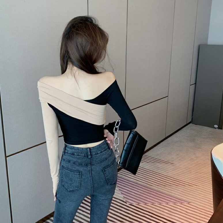 ☈┋Suhao keinginan murni hot girl one-shoulder bottoming kemeja musim dingin wanita pakaian dalam chic top in rasa desain ceruk pinggang T-shirt pendek