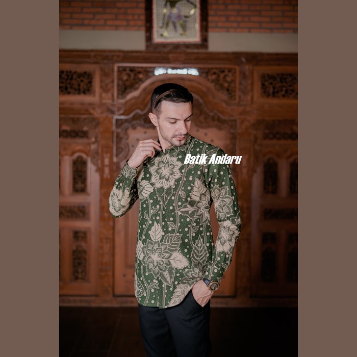 Atasan Baju Batik Pria Lengan Panjang Modern Bahan Katun Primisima Solo Kualitas Premium Warna Hijau Green