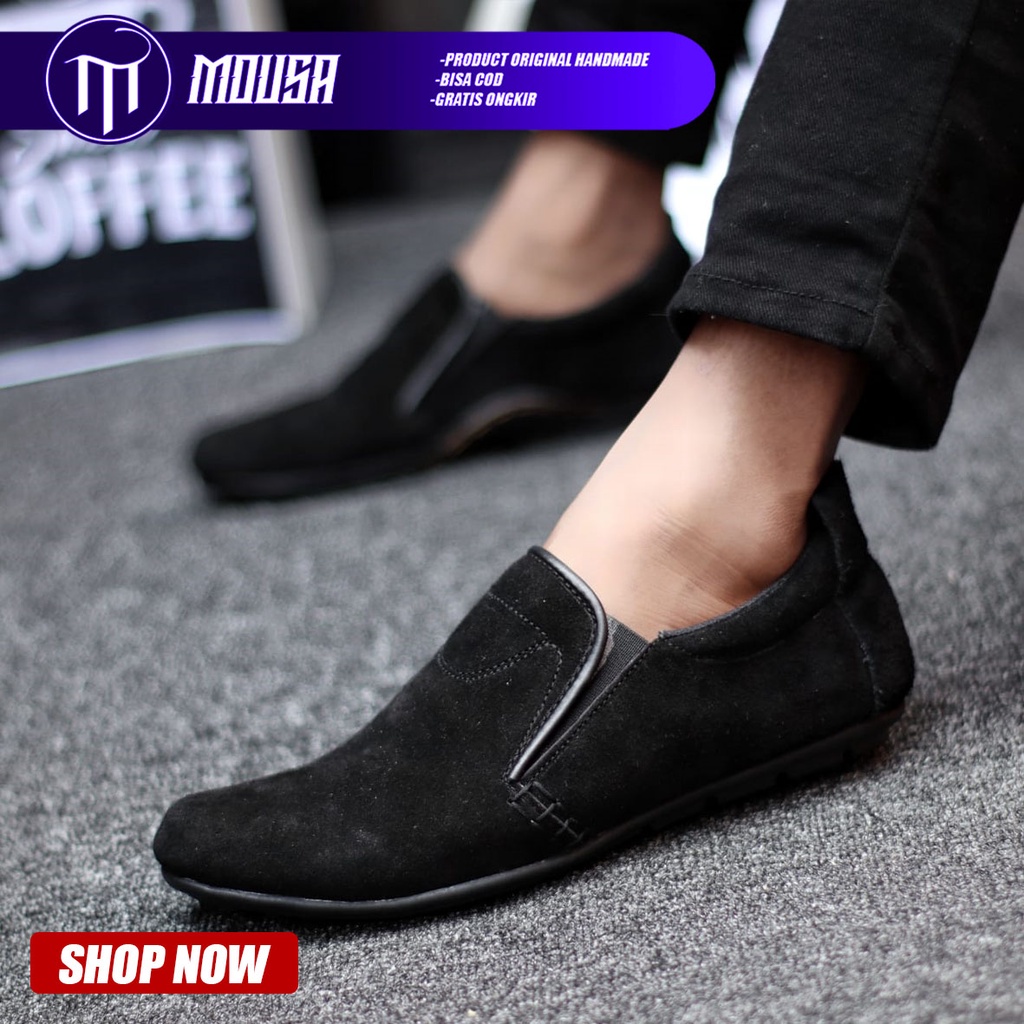 Sepatu Casual Slip On Pantofel Kulit Suede Kerja Pria Hitam Mousa Seya