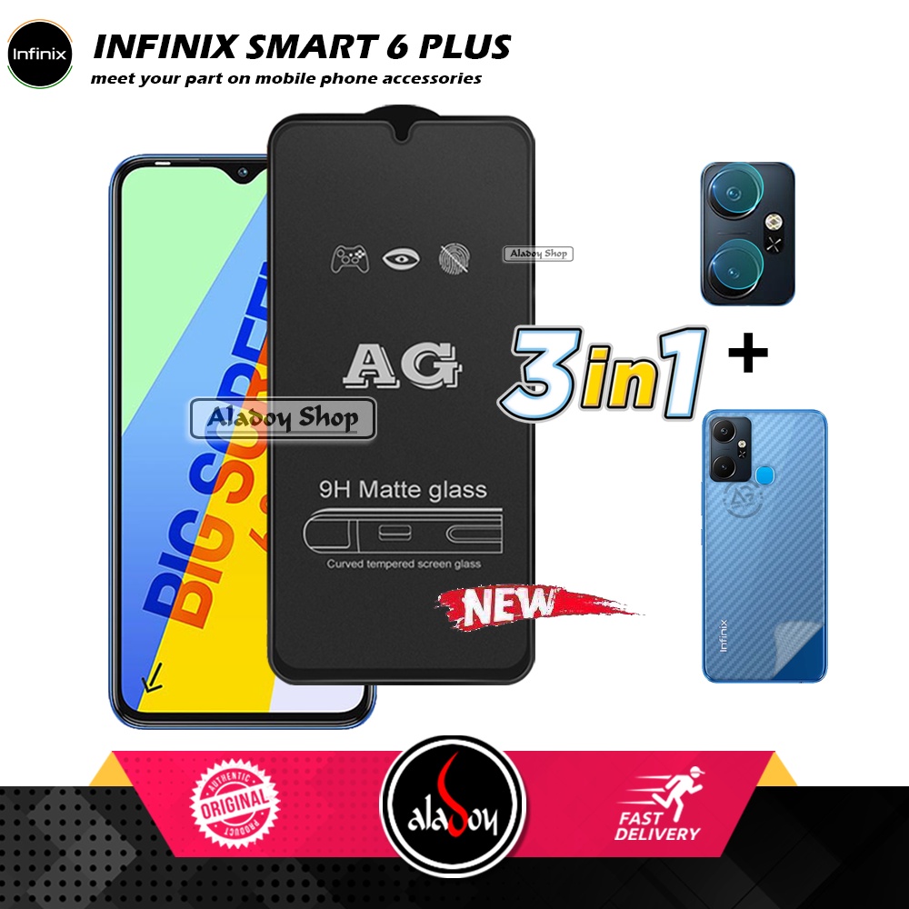 Paket 3IN1 Tempered Glass Layar Matte Anti Glare Infinix Smart 6 Plus Free Tempered Glass Camera dan Skin Carbon