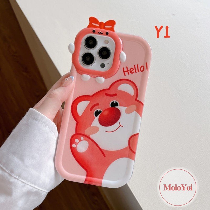 Case Kompatibel Untuk iPhone 6s 6 8 7 Plus 11 Pro Max13 12 14 Pro Max14 Plus XR X XS Max SE 2020 3D Bow-knot Little Monster Lens Kartun Lucu Manis Strawberry Bear Manyo Soft Cover