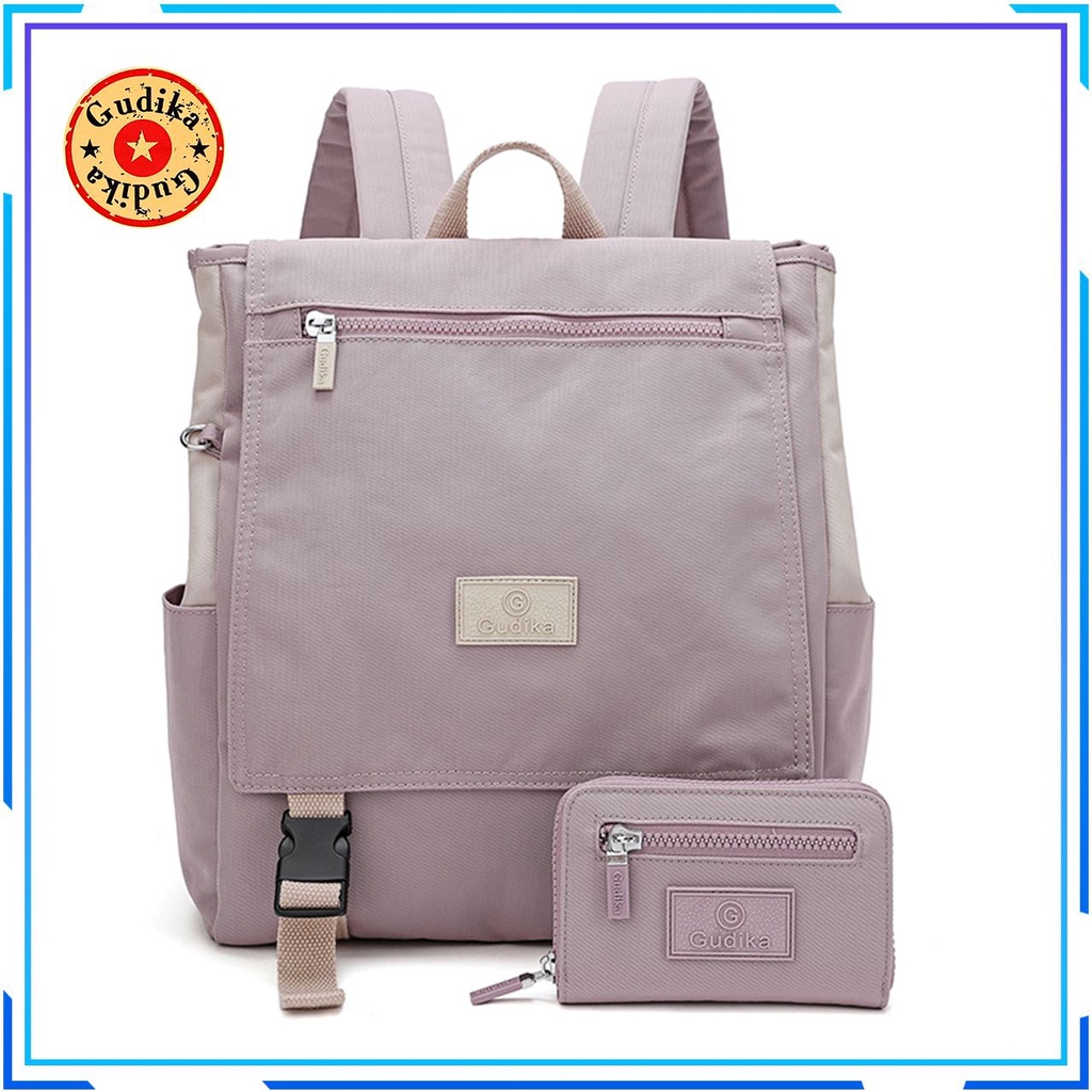 GUDIKA 5220 - Tas Ransel Laptop USB Set Dompet Wanita Kekinian Import Original Bahan Nilon Waterproof Anti Air Premium Korea bisa muat banyak barang dan banyak slot