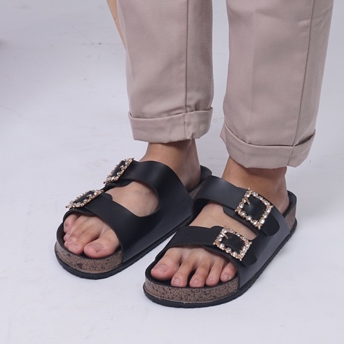 LAPEPA YUK - Dunkenstock KIMMY Sandal Wanita Slop Casual Size 36 - 40 Model Birken Dunkenstok Sol Puyuh Sara Sara Sendal Cewek Kulit Santai Strap Gesper dua Kristal Blink 37 38 39 Warna Hitam Black Selop Anti Slip Original Shoes ORI Mall Official Store