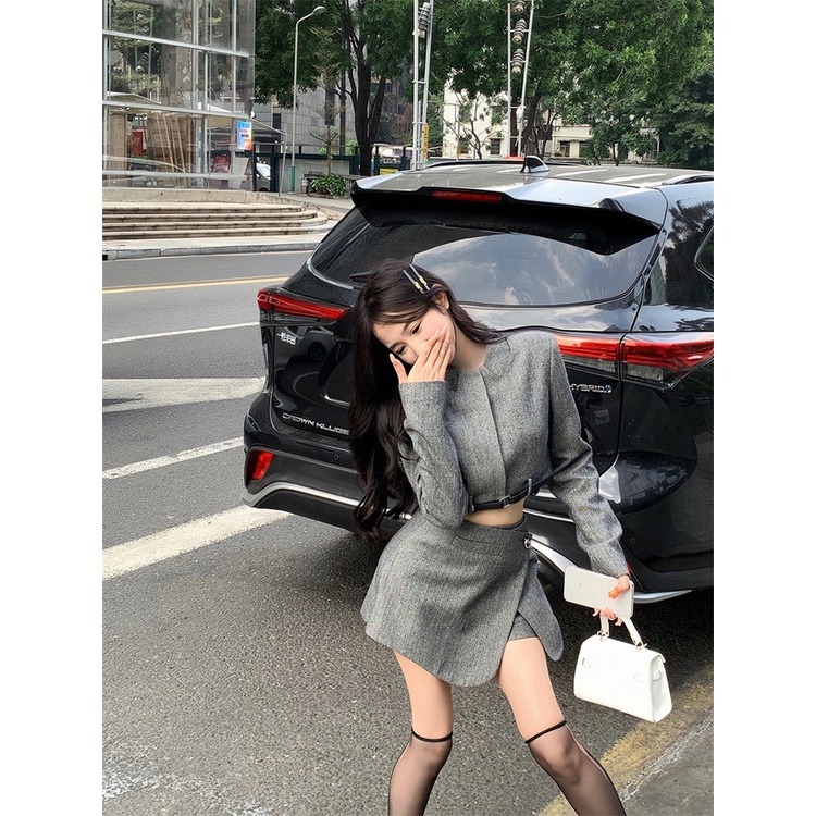 ۞﹊Suhao Vintage Fashion Set Kemeja Lengan Panjang Dipotong Top Wanita Musim Gugur Spice Girls Seksi Tas Hip Rok Dua Potong set