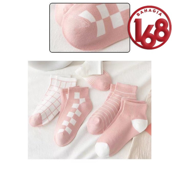 Kaos Kaki Wanita Pink Edition Motif Kotak Garis Simple Lucu Tebal