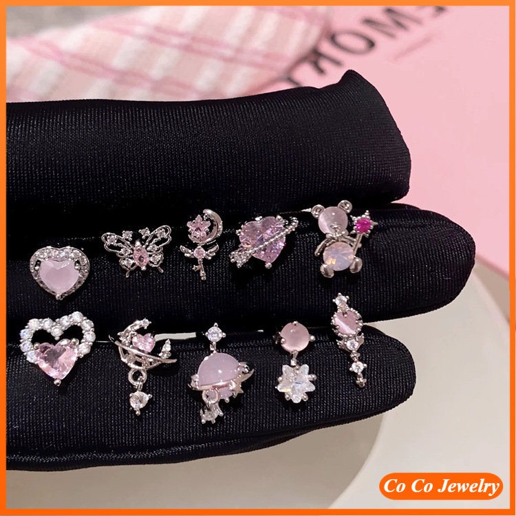 S925 Perak Jarum Hati Zirkon Kristal Anting Untuk Wanita Gadis Fashion Baru Telinga Tulang Stud COCOJEWELRY