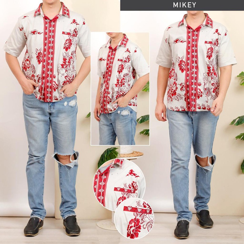 Evercloth Mikey Kemeja Batik Pria Lengan Pendek Hem Batik Cowok Baju Batik Laki-Laki Slim Fit Batik Couple Modern Seragam Keluarga Couple Kantor Sarimbit Katun Stretch