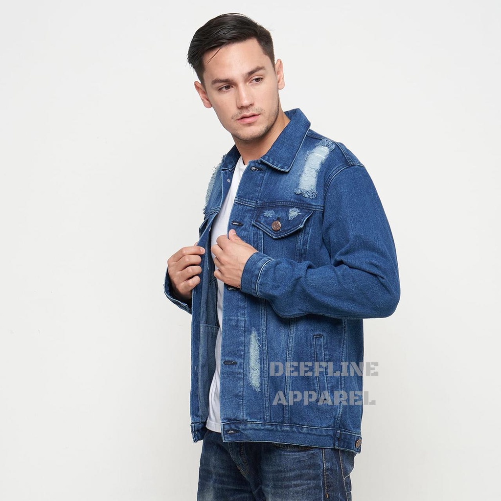 DEEFLINE - Jaket Jeans - Jaket Denim Pria - Jaket Ripped - Dark Blue