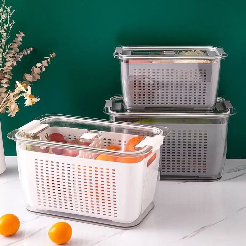 LS Compartment refrigerator drain basket / toples saringan Fresh Box Penyimpanan Makanan / Kotak Penyimpanan Makanan Segar Kulkas Buah Sayuran dengan saringan draining basket storage food box