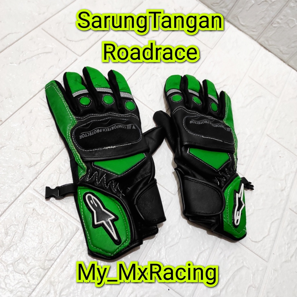 Sarung tangan roadrace HIJAU ORIGINAL KULIT DOMBA ASLI hitam bikers glove motor sarung tangan motor berkendara riding or drag or sunmori BISA COD