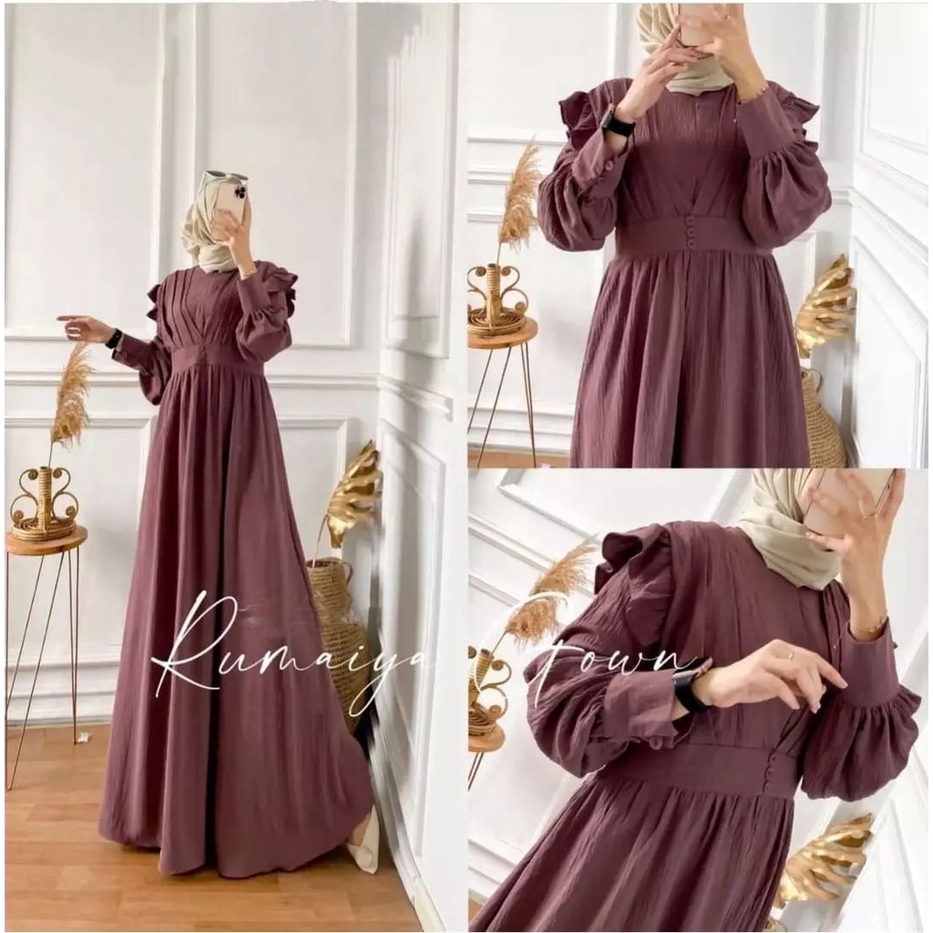 (COD) Rumaiya Dress Gamis Wanita Terbaru Bahan Crinkle Airflow Premium Aksen Bordir Kekinian Viral ootd 2022 / Dress Busui