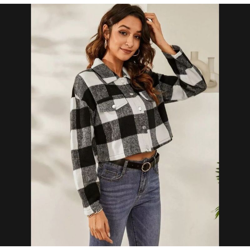 Kemeja Crop Top Tartan Kotak Flanel/ Kemeja Body Pendek Wanita Remaja &amp; Dewasa Baju Ootd