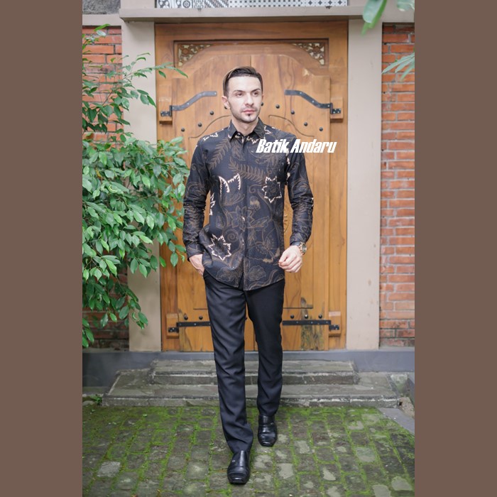 Baju Kemeja Batik Pria Slim Fit Pria Cowok Cowo Lengan Panjang Pendek Pekalongan Solo Seragam Warna Hitam