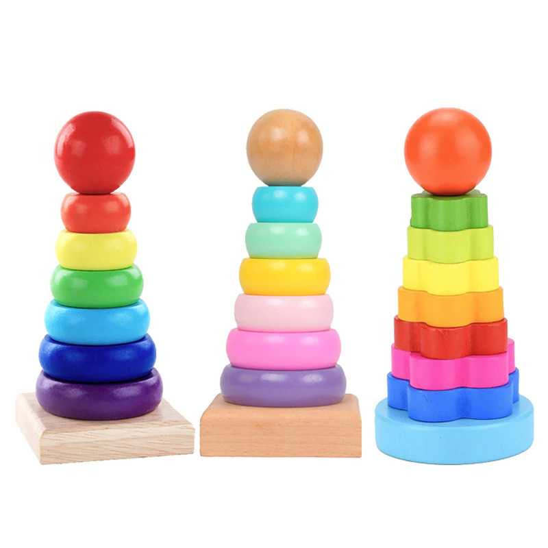 Mainan Menara Donat Montessori Rainbow Tower Children Toy Donat Bayi