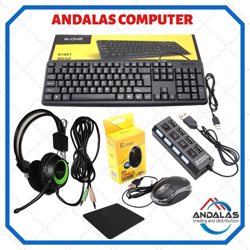 PAKET COMBO KEYBOARD MOUSE HEADSET HEADPHONE MOUSEPAD POLOS USB HUB 2.0 PERPANJANGAN R-ONE M-TECH