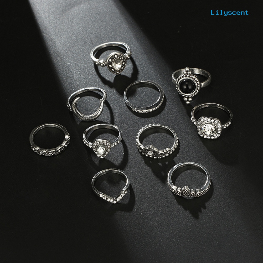 [LS]10Pcs Vintage Mahkota Pir Berlian Imitasi Wanita Knuckle Midi Jari Susun Rings