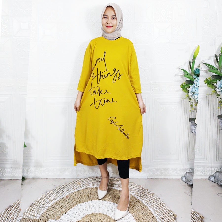 CARLINA GOOD THINGS TAKE TIME LONG TUNIK OVERSIZE DRESS WANITA CANTIK