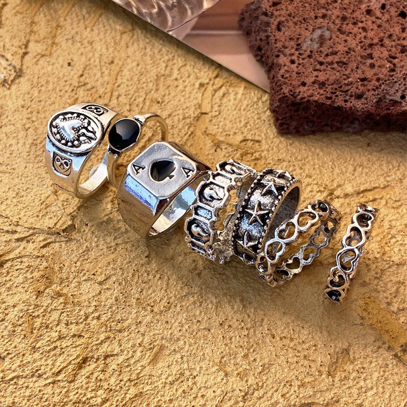 【COD】7 Pcs Cincin Pria Tidak Teratur Retro Jari Cincin Jantung Trendi Pria Wanita Couple Ring Kepribadian Sekop Lebar Korea Fashion Gaya Punk-FA